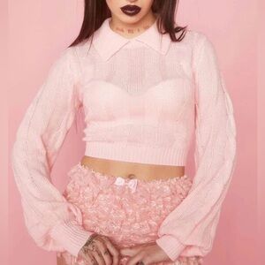 Dolls Kill Sugar Thrillz passing notes pastel pink cable knit sweater collar